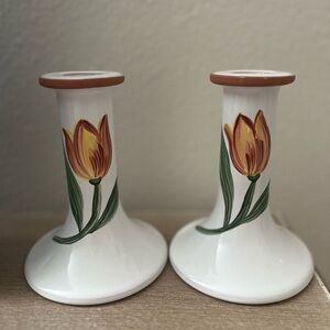 Terracotta Candlesticks Made In Portugal White Floral Set Of Two